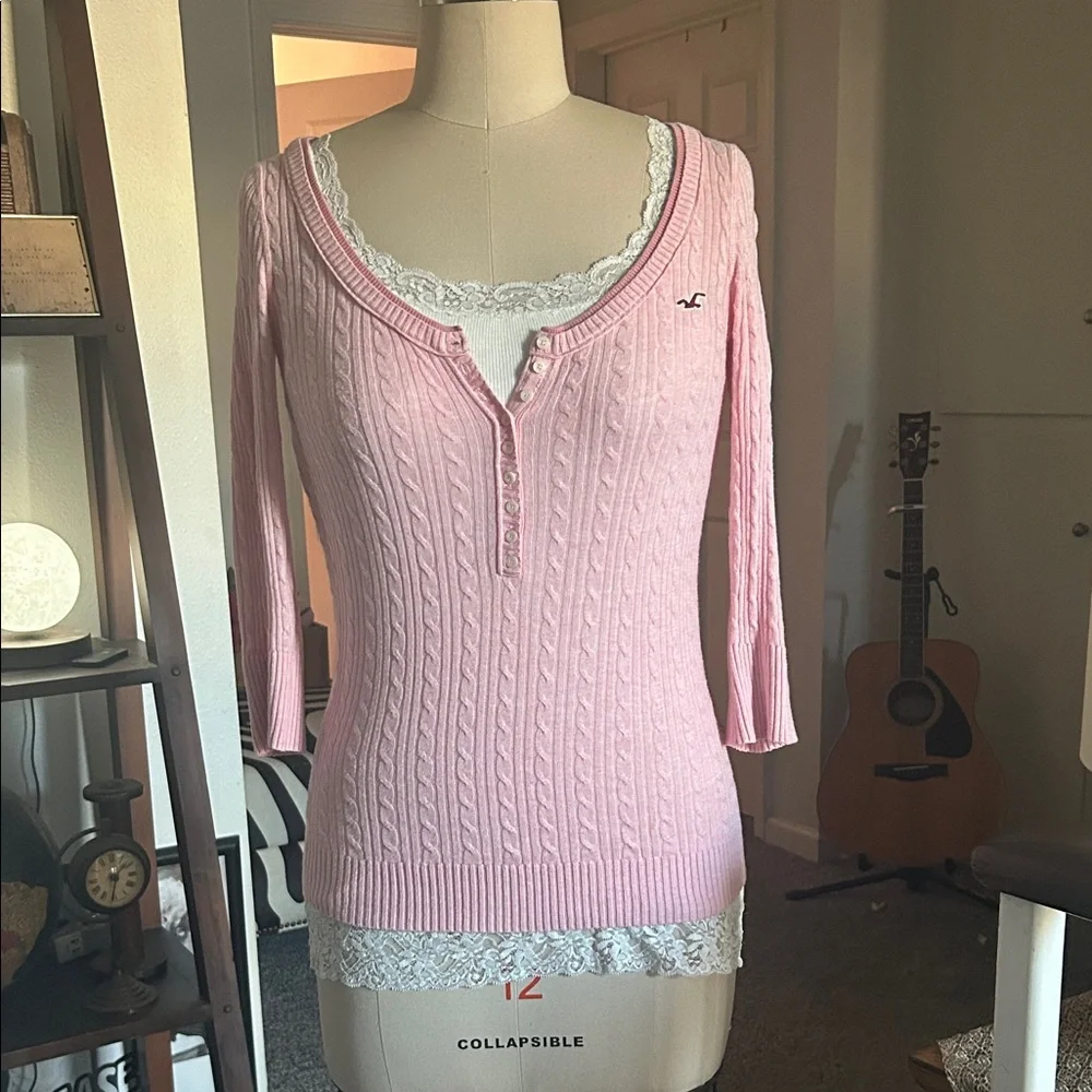 Rare Hollister Y2K vintage pink cable knit 3/4 sleeve Henley top - Picture 1 of 12